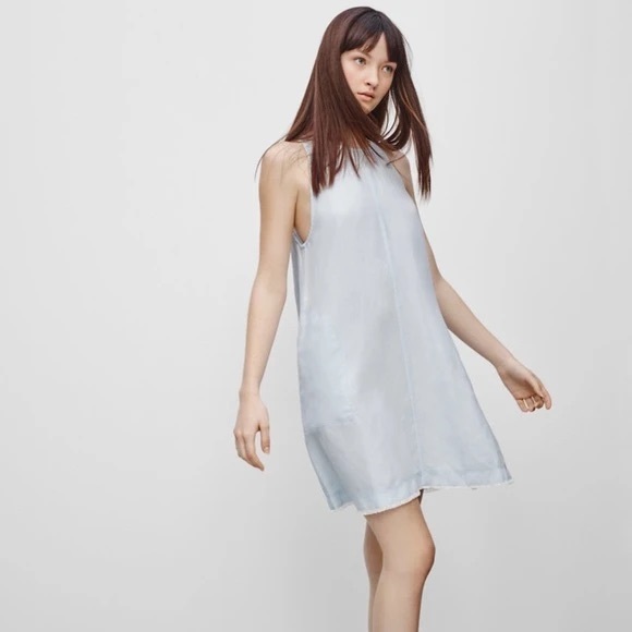 Wilfred Aritzia Trompette Linen Mini Dress Light Blue Raw Hem Pockets - Picture 1 of 12